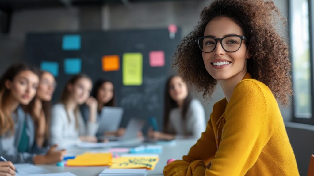 Mujer sonriente con lentes y suéter amarillo en un salón de clases con otras estudiantes