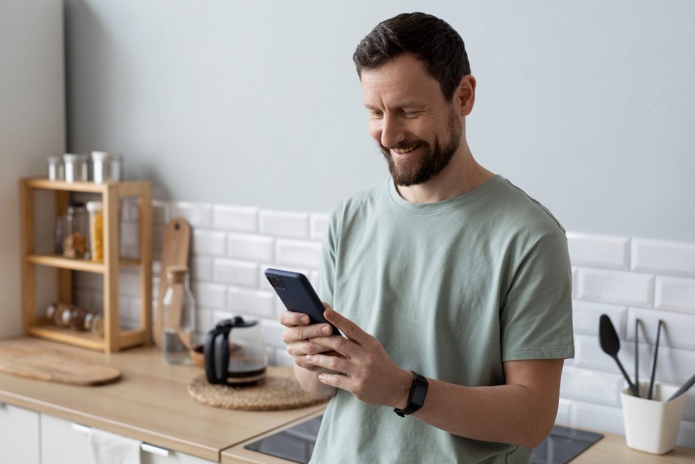 Man smiling at his phone in a kitchen