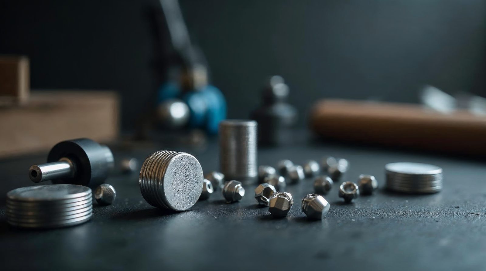 Small metal discs, cylinders and beads on a dark workbench