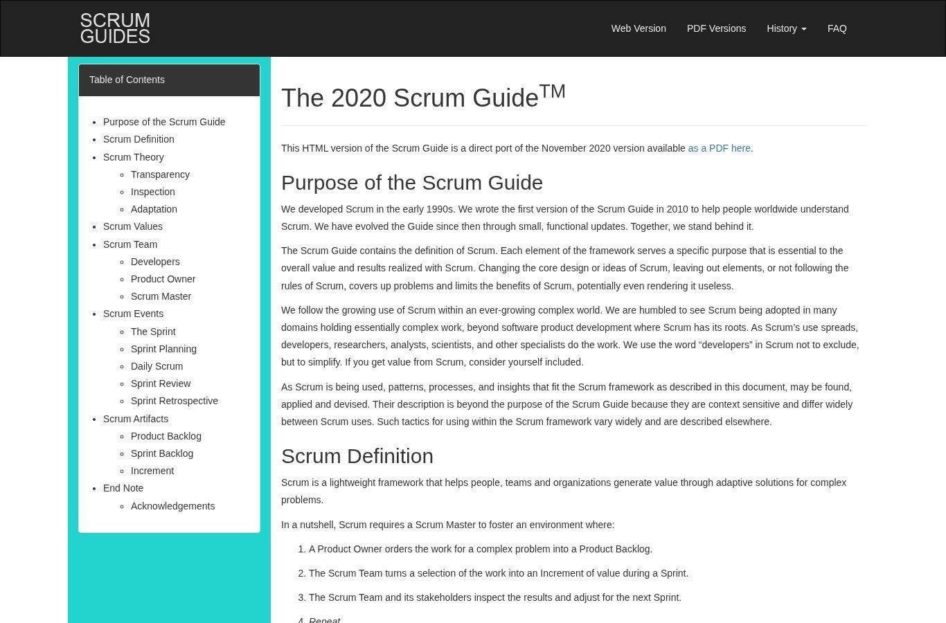 The 2020 Scrum Guide page on scrumguides.org, with its table of contents (team, events, artifacts) and the definition of Scrum as a lightweight framework