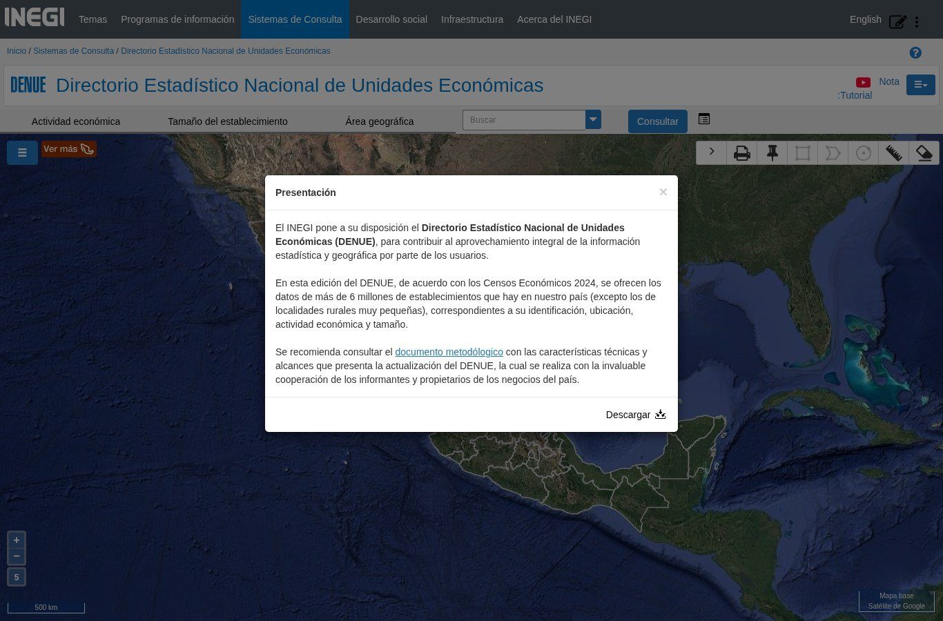 INEGI's DENUE page with tabs for economic activity, establishment size and geographic area, and an introduction notice citing over 6 million establishments